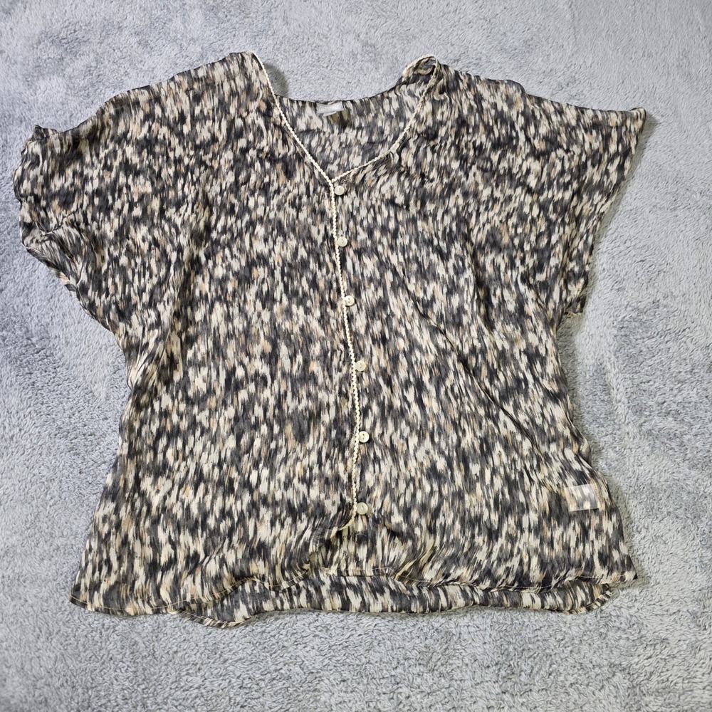Converse One Star Womens Small Blouse Black Tan Abstract Ikat Button Front V-Nec